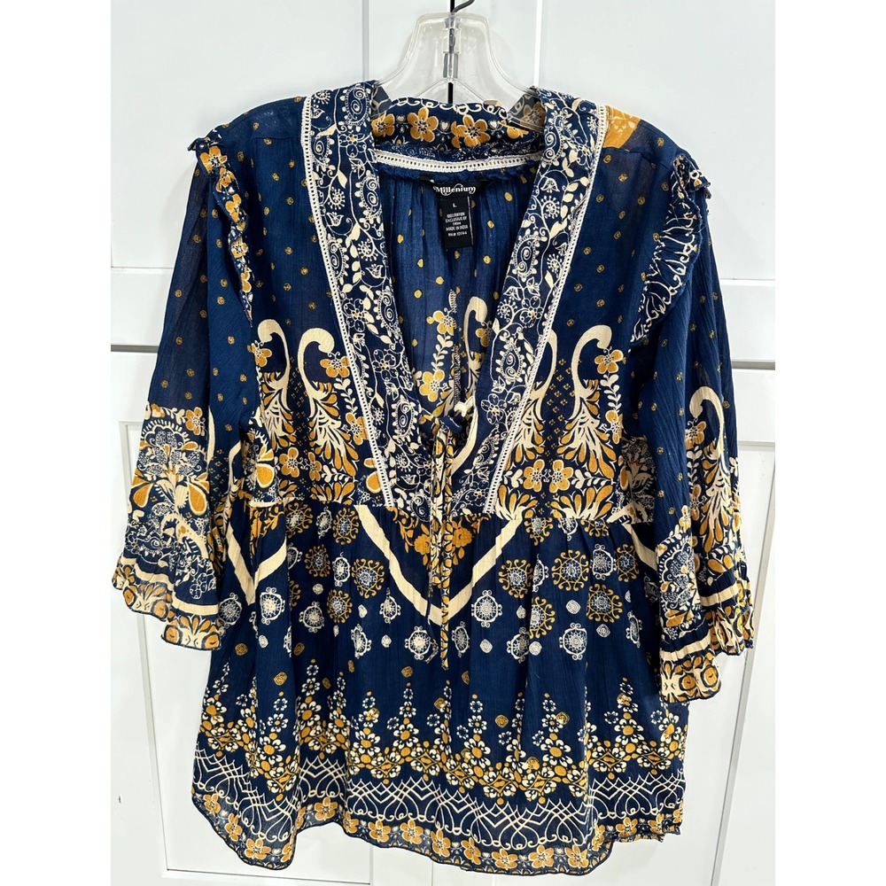 Millenium Blue Bohemian Floral Paisley 3/4 Sleeve‎ Tunic Top - Size L
